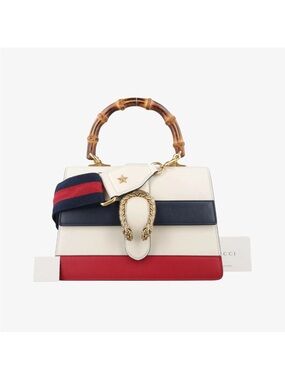 Gucci Calfskin Bamboo Web Medium Dionysus Top Handle Bag White Blue Hibiscus Red